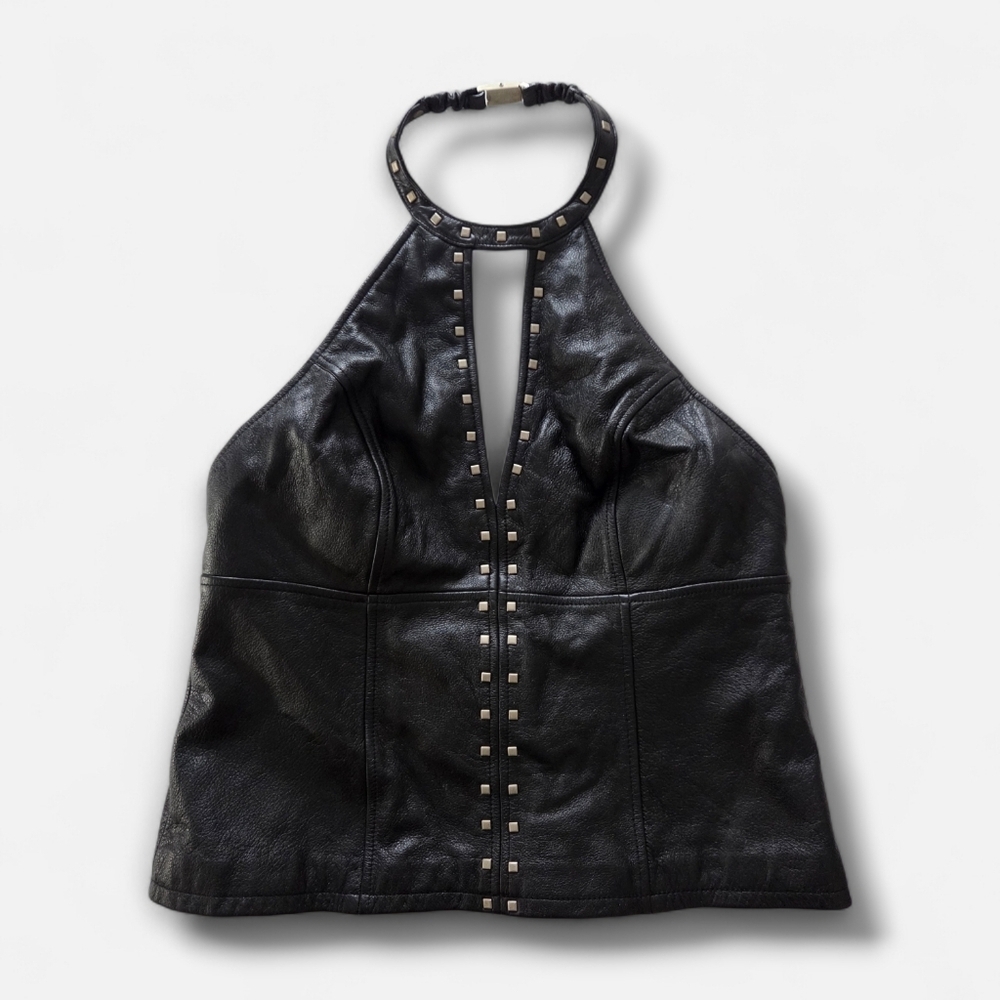Harley Davidson Vtg Y2K Studded Biker Black Leather Halter Top Large